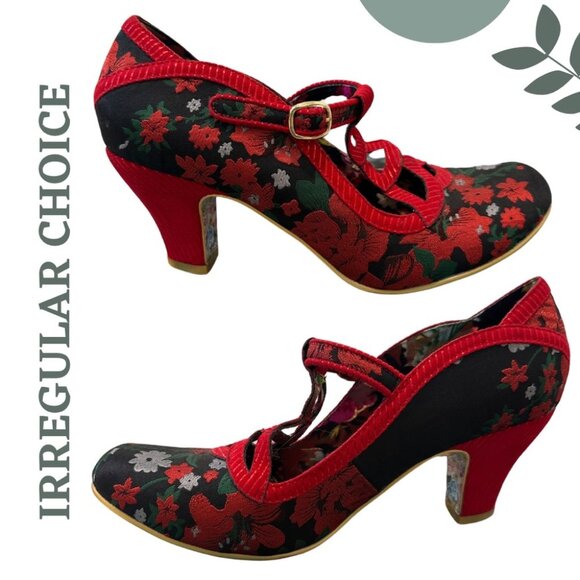 Irregular Choice Floral Heels | Red Black Mary Jane Style | Retro Statement Shoe - Picture 4 of 12